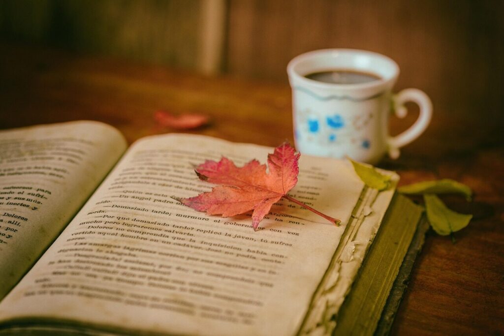 leaves, coffee, cup, still life, book, coffee cup, reading, leisure, hobby, nature, read, open book, bookworm