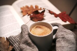 drink, coffee, food, coffee cup, leaves, autumn, book, sweater, mug, relaxation, nature, cozy